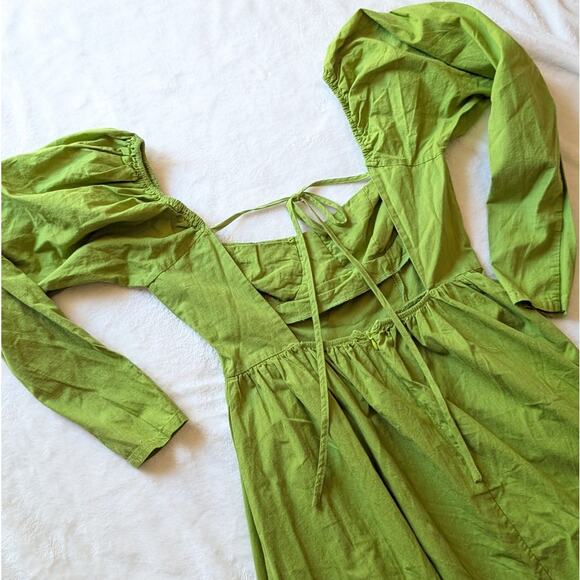 Nasty Gal Green Ruched Bust Open Tie Back Long Sleeve Fitted Midi Dress, size 6 - Picture 8 of 14